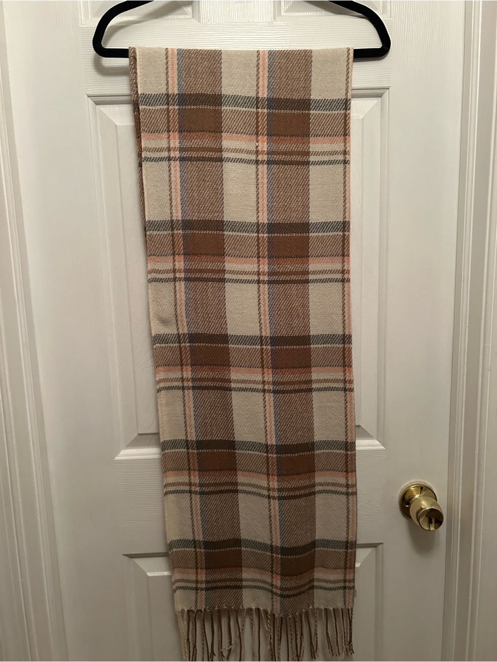 72” x 30” tan peach cream plaid scarf